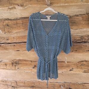 Teddi Slate Blue Short Sleeved Belted Crochet Ramie Rayon Cardigan Size 3X